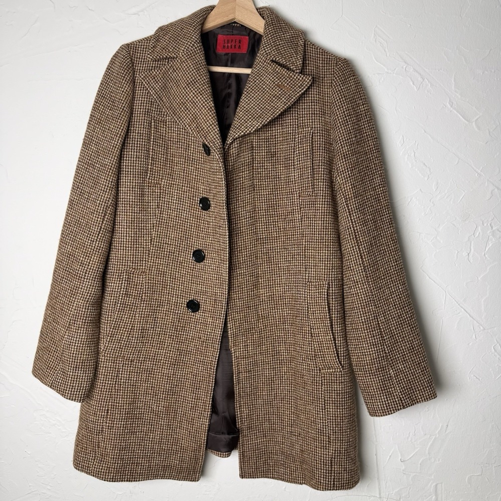 Super Hakka Japan Harris Tweed Wool Coat Womens M Brown Houndstooth Peacoat VTG